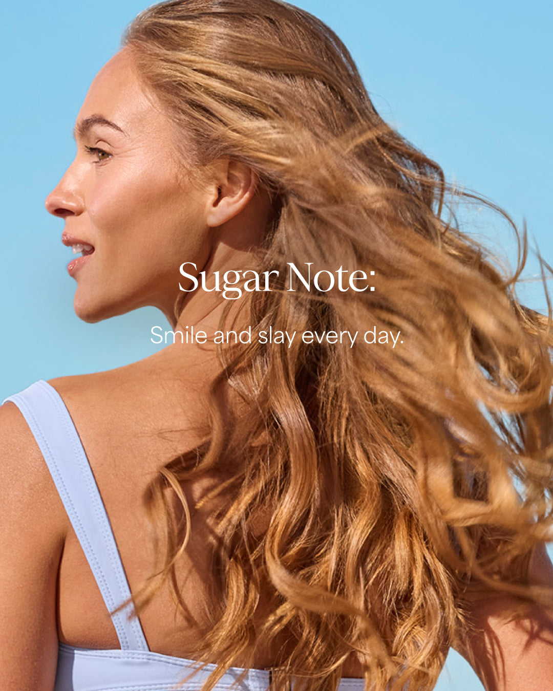 Woman with long blonde hair against a clear blue sky, featuring the 'Sugar Note' 
