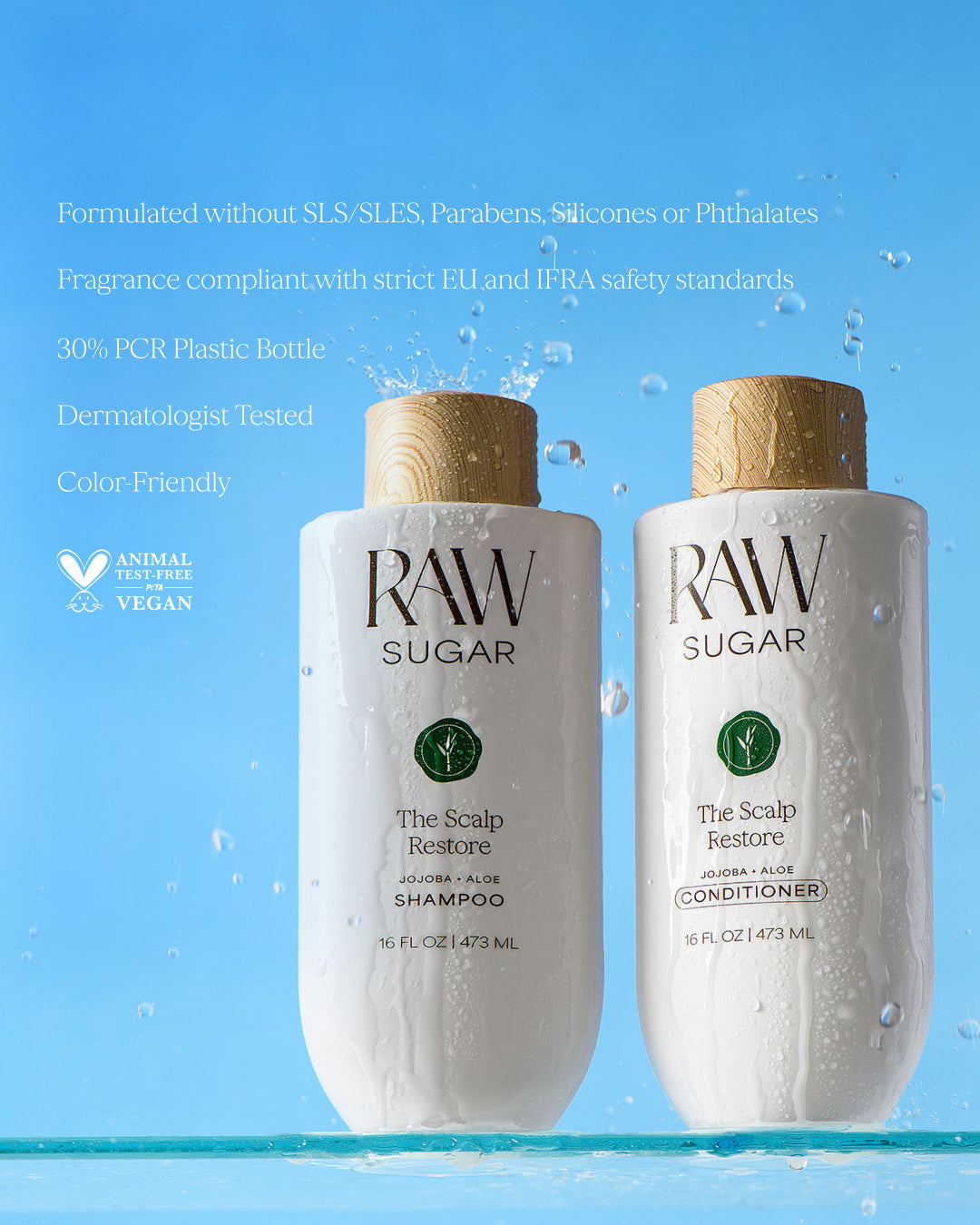 Two bottles of RAW Sugar shampoo and conditioner on a blue background with product details, designed to help soothe scalp and hair with clean ingredients.