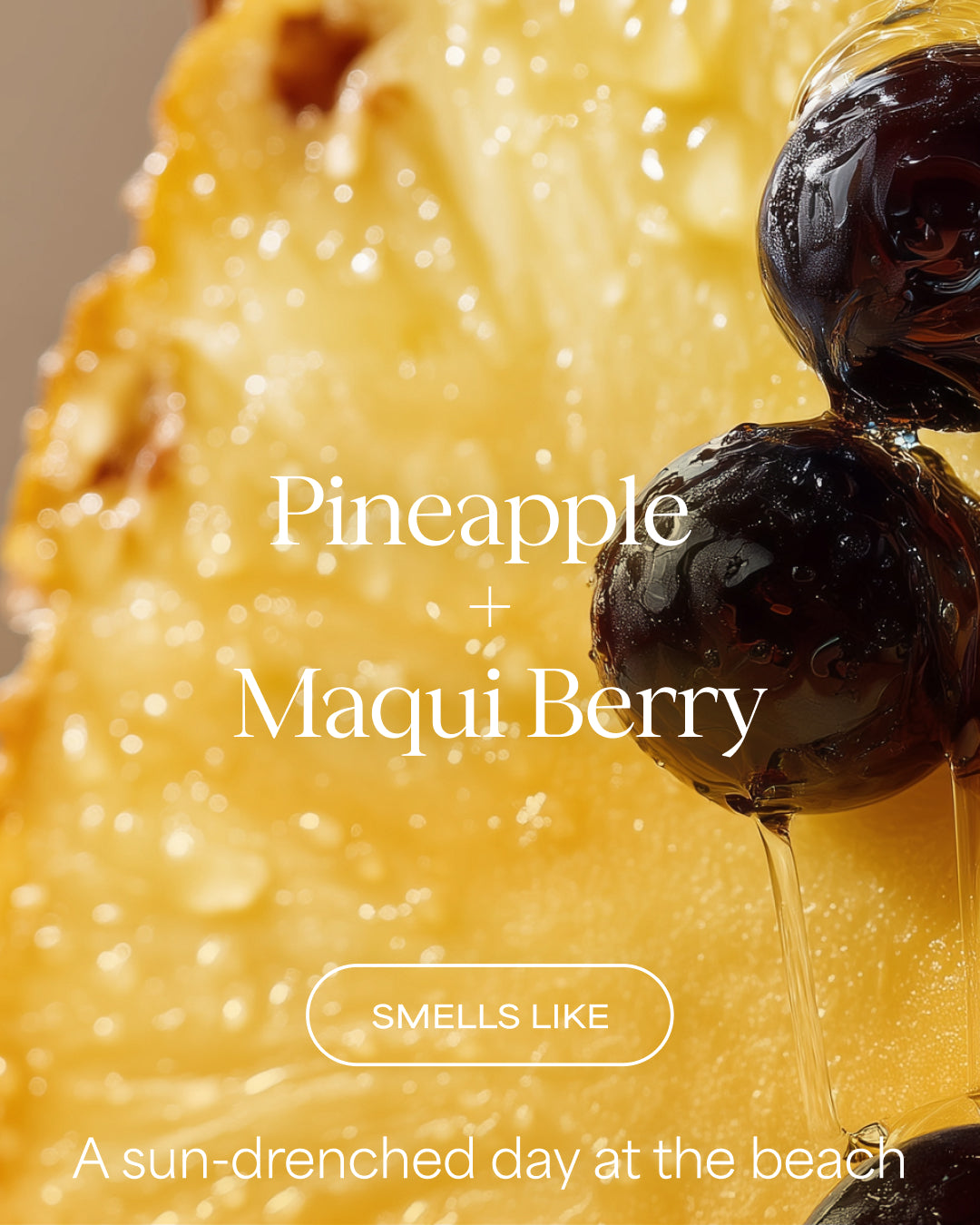 Close-up of pineapple and maqui berry with text 'Pineapple + Maqui Berry' and 'Smells like a sun-drenched day at the beach'.