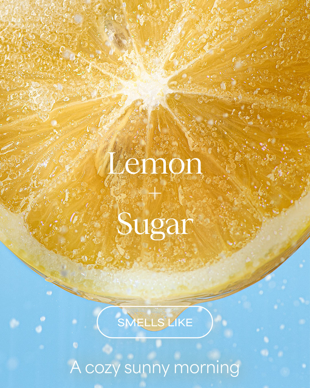 Close-up of a lemon slice with sugar crystals on a blue background, featuring text 'Lemon + Sugar' and 'Smells like a cozy sunny morning'.